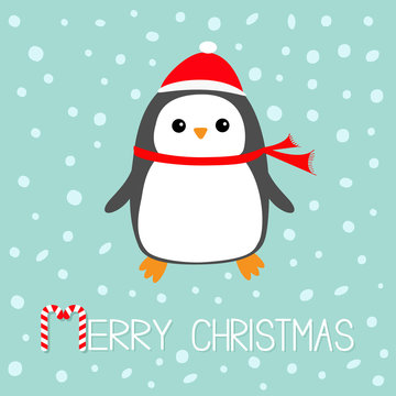 Merry Christmas Candy cane text. Kawaii Penguin bird. Red Santa Claus hat, scarf. Cute cartoon baby character. Flat design Winter antarctica blue background with snow flake. Greeting card.