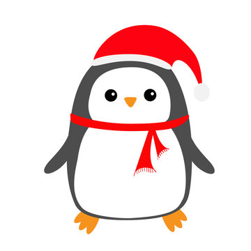 Penguin bird on snowdrift. Red Santa Claus hat, scarf. Cute cartoon kawaii baby character. Merry Christmas. Flat design. Hello winter. White background. Isolated.