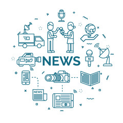lettering of news concept with line icons set.