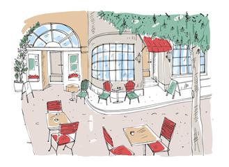 Colorful rough drawing of outdoor cafe, restaurant or coffeehouse with tables and chairs standing on city street beside beautiful building with large panoramic windows. Hand drawn vector illustration.
