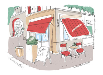 Colored freehand sketch of small sidewalk cafe or restaurant with table decorated with potted plant and chairs standing on city street under awning beside building. Hand drawn vector illustration.