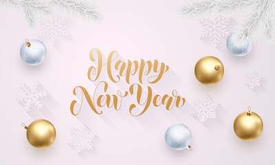 Happy New Year golden decoration, hand drawn gold calligraphy font for greeting card white background. Vector Christmas or Xmas gold star shiny confetti for winter holiday premium decoration