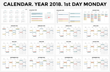 Fototapeta na wymiar Calendar infographic, table chart, presentation chart. Business period concept. Task manager. Day, week, month. 2018 year. Time management. Organizer date diary.