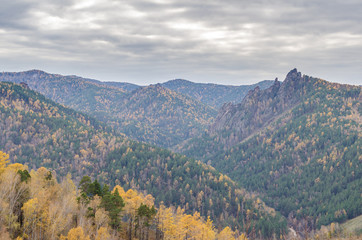 Mountain landscape on a cloudy autumn day in Russia, Syberia