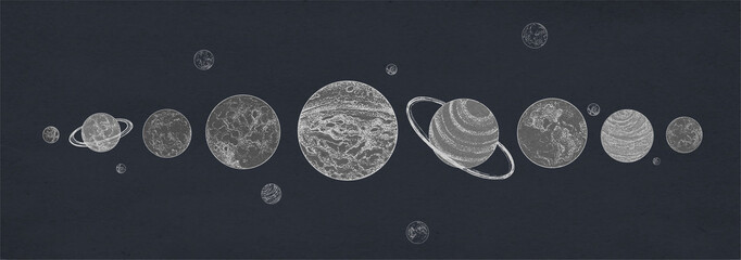 Horizontal banner with planets of Solar system arranged in row against dark background. Celestial bodies or cosmic objects in outer space. Retro vector illustration in black and white colors. © Good Studio