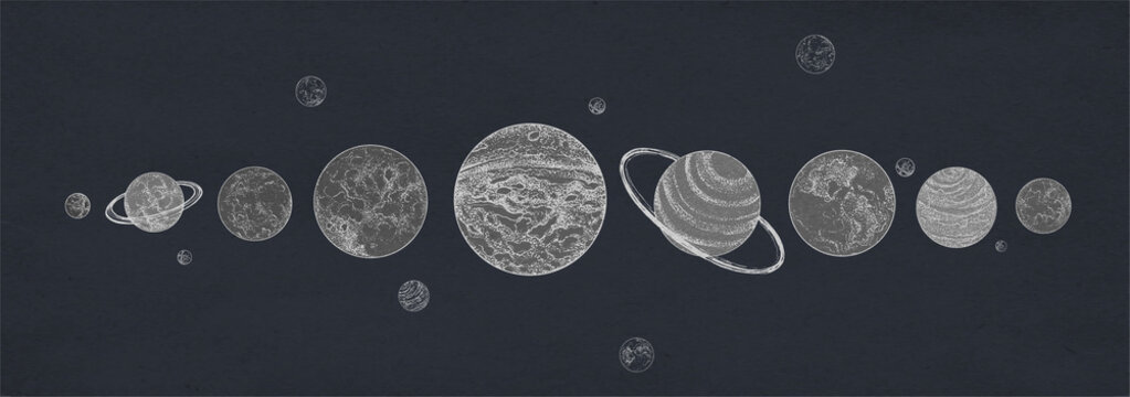 Horizontal banner with planets of Solar system arranged in row against dark background. Celestial bodies or cosmic objects in outer space. Retro vector illustration in black and white colors.