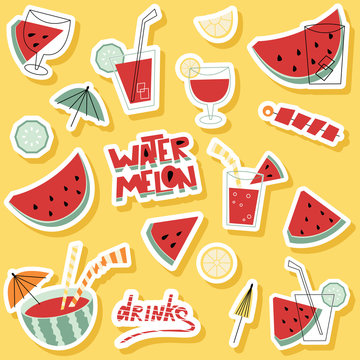 Watermelon cocktails vector sticker set with lettering