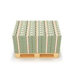 Many packs of hundreds of dollars on wooden pallets. 3D illustration