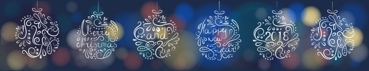 Christmas balls with white patterns on a background of bright lights. Vector illustration