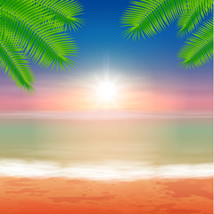 Fototapeta na wymiar Beach and tropical sea with bright sun and palmtree leaves