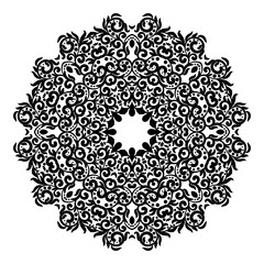 Circle lace ornament, round ornamental geometric doily pattern, black and white isolated mandala