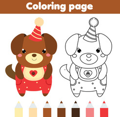 Coloring page with cute dog. Drawing kids game. Printable activity