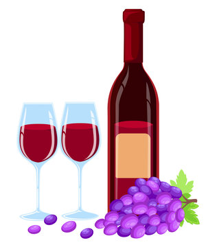 Vector grapes brunch with leaves, wine glass and bottle of red wine illustartion. Design template in EPS10.
