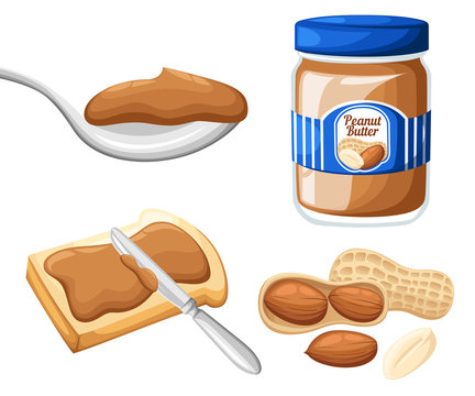 Illustration of a jar of peanut butter,bread and butter isolated on a white background Design template in EPS10.