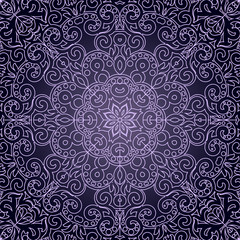 Lacy square ornament. Bohemian intricate swirl pattern. Royal purple tracery. Unique template for design or backdrop