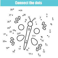 Connect the dots by numbers children educational game. Printable worksheet activity. Butterfly