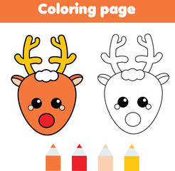 Coloring page with Christmas deer. Drawing kids game. Printable activity