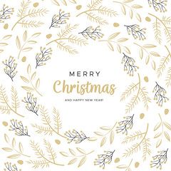 Merry Christmas and Happy New Year greeting card with black and gold branches and pine cones.