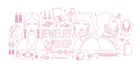 Horizontal banner with fashionable women wearing trendy earrings surrounded by luxury jewelry drawn with pink contour lines on white background. Monochrome vector illustration for store advertisement.