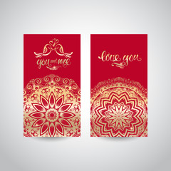 Set of modern business card templates with beautiful gold Indian ornament mandala. Hand lettering Love you.