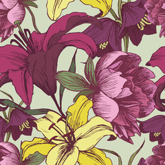 Vector floral seamless pattern with peonies, lilies in vintage style