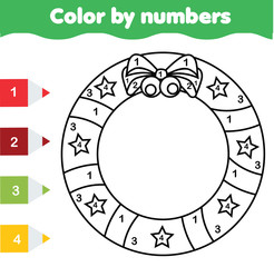 Naklejka premium Children educational game. Coloring page with Christmas wreath. Color by numbers, printable activity. Winter holidays theme