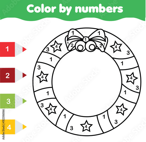 Children Educational Game Coloring Page With Christmas Wreath Color By Numbers Printable Activity