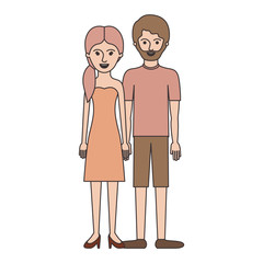 couple colorful silhouette and her with strapless dress and heel shoes with pigtail hairstyle and him with t-shirt and short pants and shoes with short hair and beard vector illustration