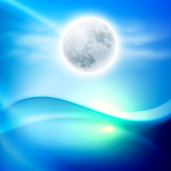 Water wave at night with full moon. Blue background.