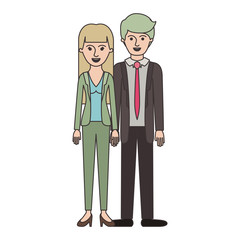 couple colorful silhouette and her with blouse and jacket and pants and heel shoes with straight long hair and him with suit and tie and pants and shoes with short hair vector illustration