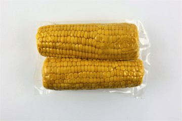 Vacuum sealed fresh corncobs for sous vide cooking cutout on white