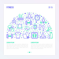 Fitness concept in half circle with thin line icons of running, dumbbell, waist, healthy food, swimming pool, pulse, wireless earphones, sportswear, yoga. Modern vector illustration for web page.