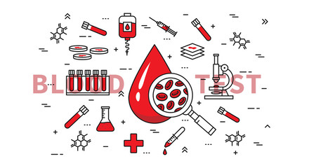 Blood test vector illustration. Medical (healthcare) blood and plasma research (analysis) and examination line art concept. Blood drop and medical equipment graphic design.