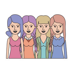 women in half body with casual clothes and hairstyle braided fringe collected and straight in colorful silhouette vector illustration