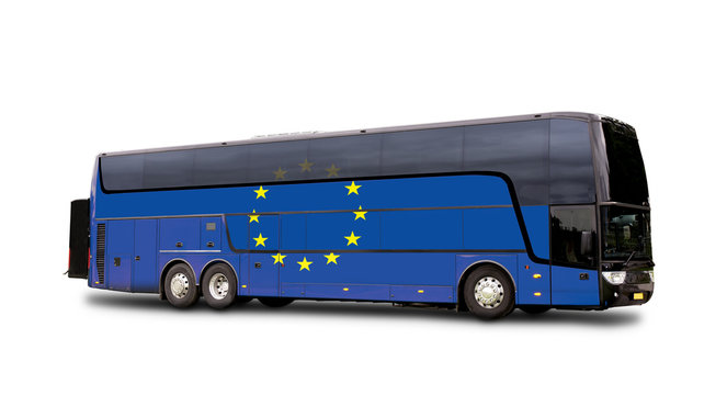 Black Travel  bus with the European flag on side