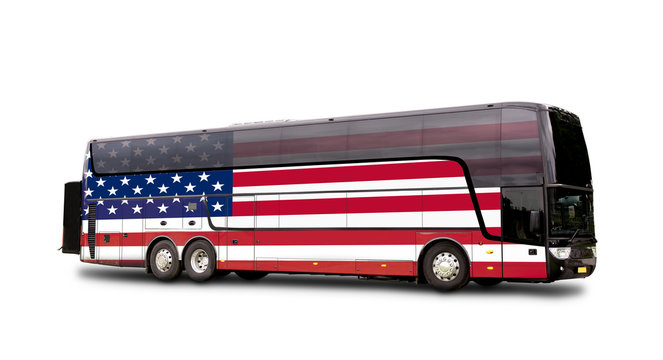 Black Travel  bus with the american flag on side