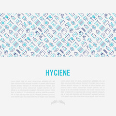 Hygiene concept with thin line icons: hand soap, shower, bathtub, toothpaste, razor, shaving brush, sanitary napkin, comb, ball deodorant, mouth rinse. Vector illustration for web page, print media.