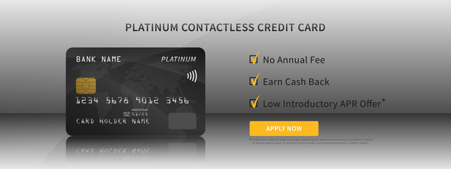 Credit card features vector illustration. Contactless bank credit (debit) card promotion creative concept. Plastic bank card with bonuses (money cashback, no annual fee) graphic design.