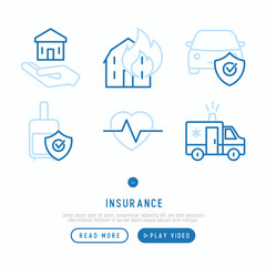 Insurance thin line icons set: health, life, car, house, luggage, savings. Modern vector illustration for banner, template of web page, print media.