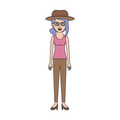 woman with hat and glasses and t-shirt sleeveless and pants and heel shoes with collected hair and fringe in colorful silhouette vector illustration