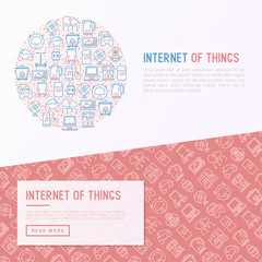 Internet of things concept in circle with thin line icons: laptop, smart watch, cloud computing technology, kettle, speaker, smart car, robot vacuum. Vector illustration for web page, print media.
