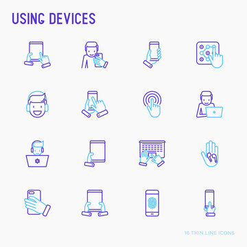 Using devices thin line icons set: gadget, tablet in hands, touchscreen, fingerprint, laptop, wireless headphones. Modern vector illustration.