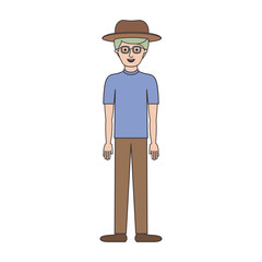 man with hat and glasses and t-shirt and pants and shoes with short hair in colorful silhouette vector illustration