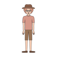 man with hat and glasses and t-shirt and short pants and shoes with curly hair in colorful silhouette vector illustration