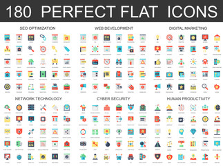 180 modern flat icons set of seo optimization, web development, digital marketing, network technology, cyber security and productivity icons.