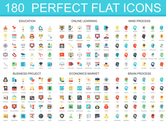 180 modern flat icon set of education, online learning, brain mind process, business project, economics market icons.