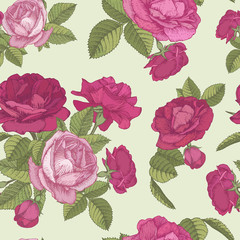 Vector floral seamless pattern with bouquets of red and pink roses on dark blue background in vintage style