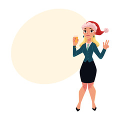 Pretty girl, woman in Santa Claus hat at corporate Christmas party, cartoon vector illustration with space for text. Woman, girl in business suit and Santa Claus hat celebrating Christmas