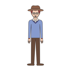 man with hat and glasses and sweater and pants and shoes with stubble beard on colorful silhouette vector illustration