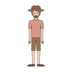 man with hat and t-shirt and short pants and shoes with short hair and beard in colorful silhouette vector illustration
